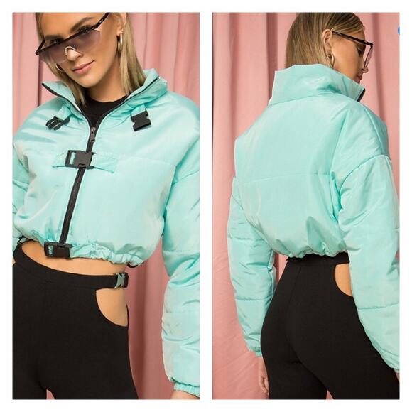 Superdown Ava Cropped Puffer Jacket in Aqua - Picture 1 of 13